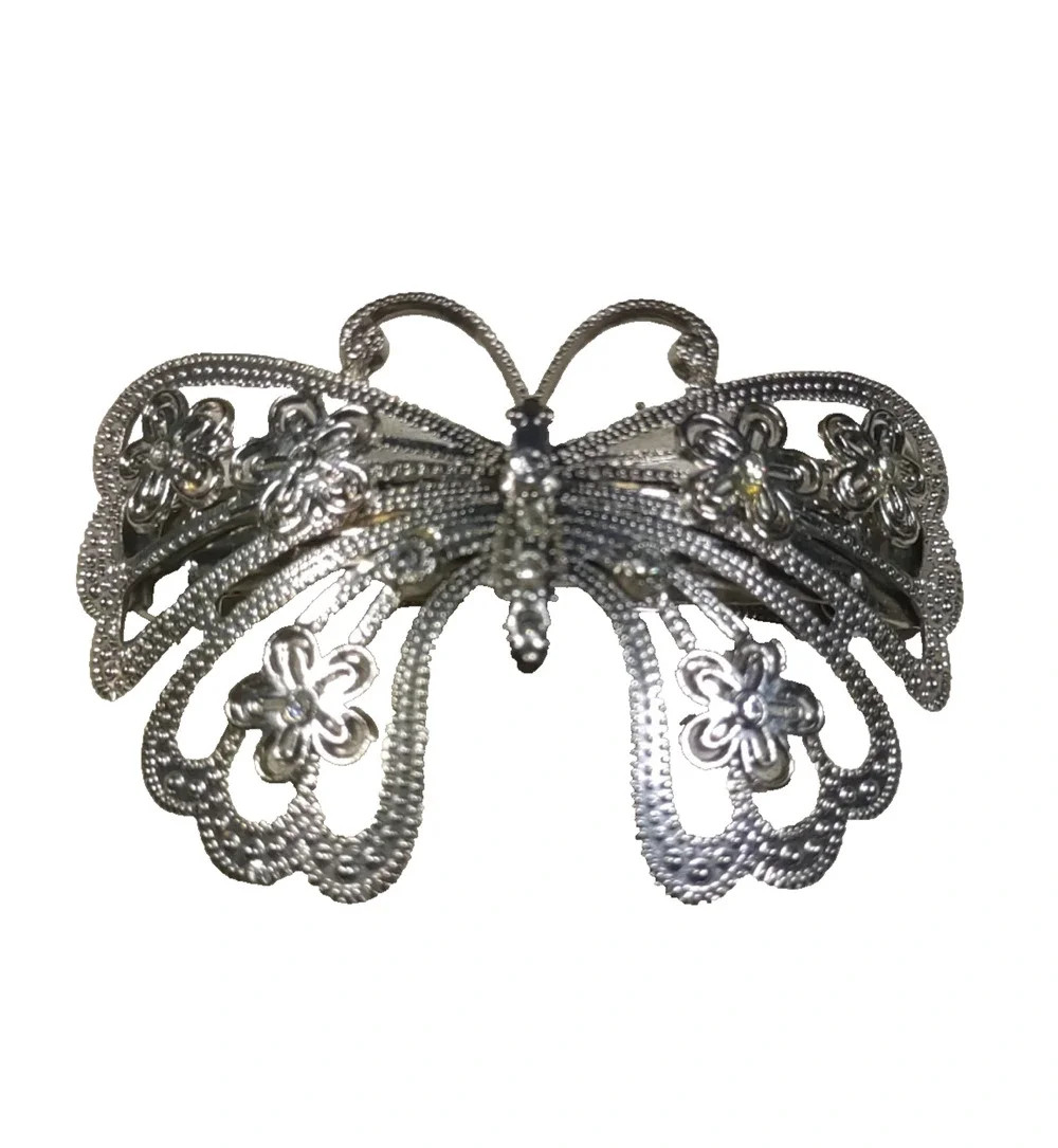 Butterfly Silver Tone Hair Barrette Tension Clip Rhinestone
